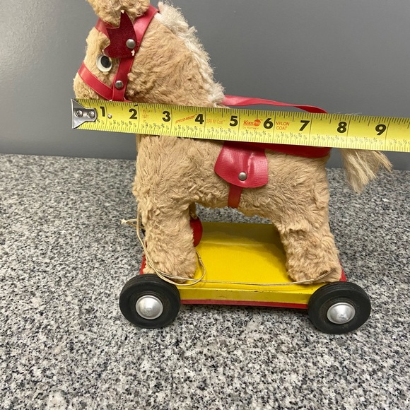 Vintage Stuffed Toy Horse On Metal Cart With Pull Cord 50s-60s Collectible Rare - Picture 12 of 16